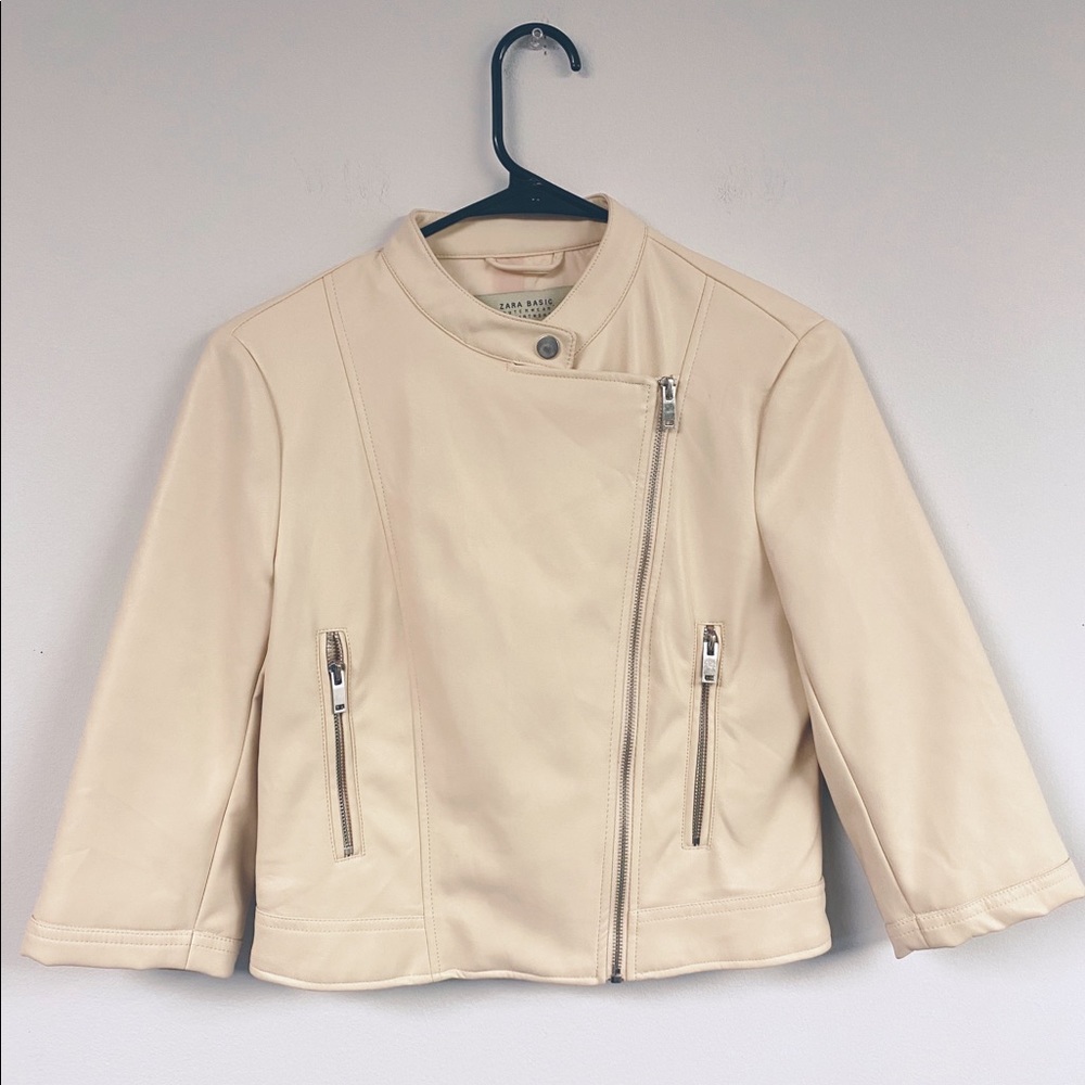 Zara Creamy Faux Leather Cropped Moto Jacket